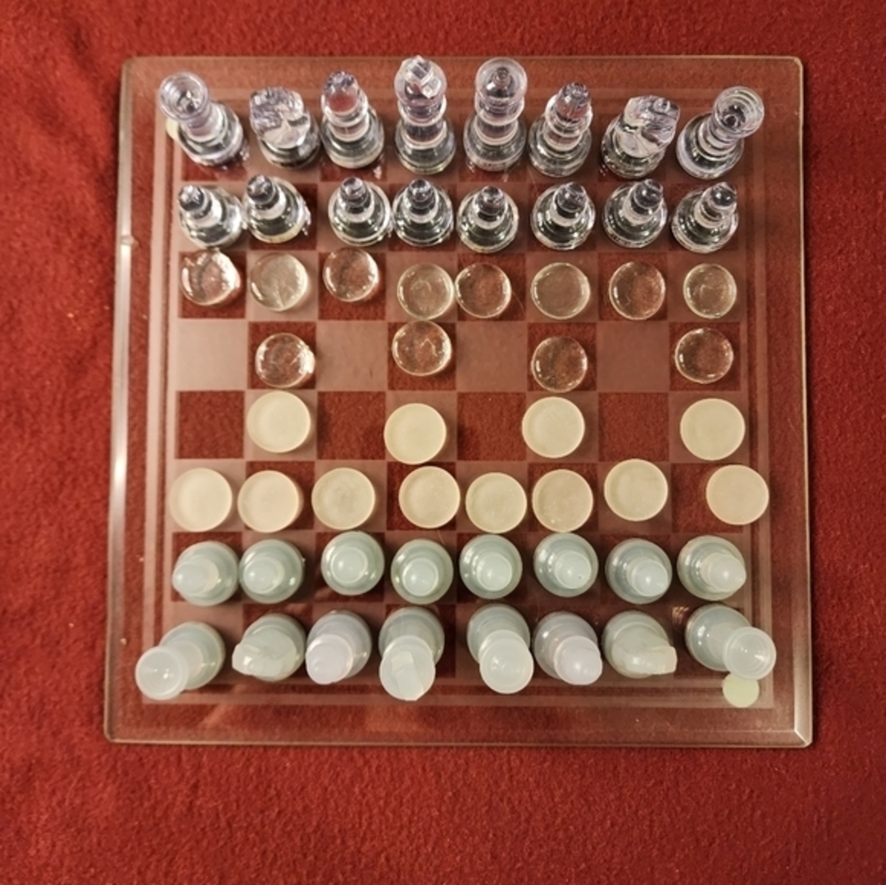 Glass Chess/Checker Set Clear And Frosted Pieces Glass Board‎ 71101 ASG